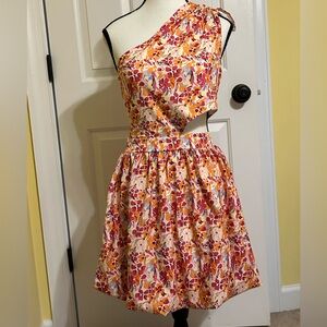Hello Molly orange floral mini dress, Sz M. One shoulder, sleeveless, cut out.